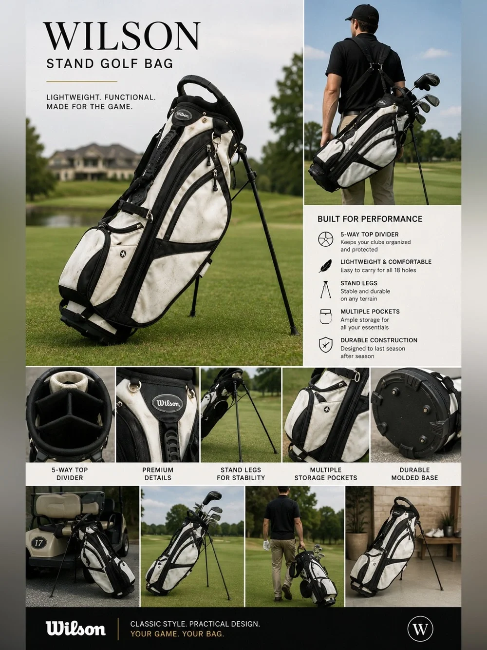 Wilson Stand Golf Bag Black White Lightweight Carry Bag